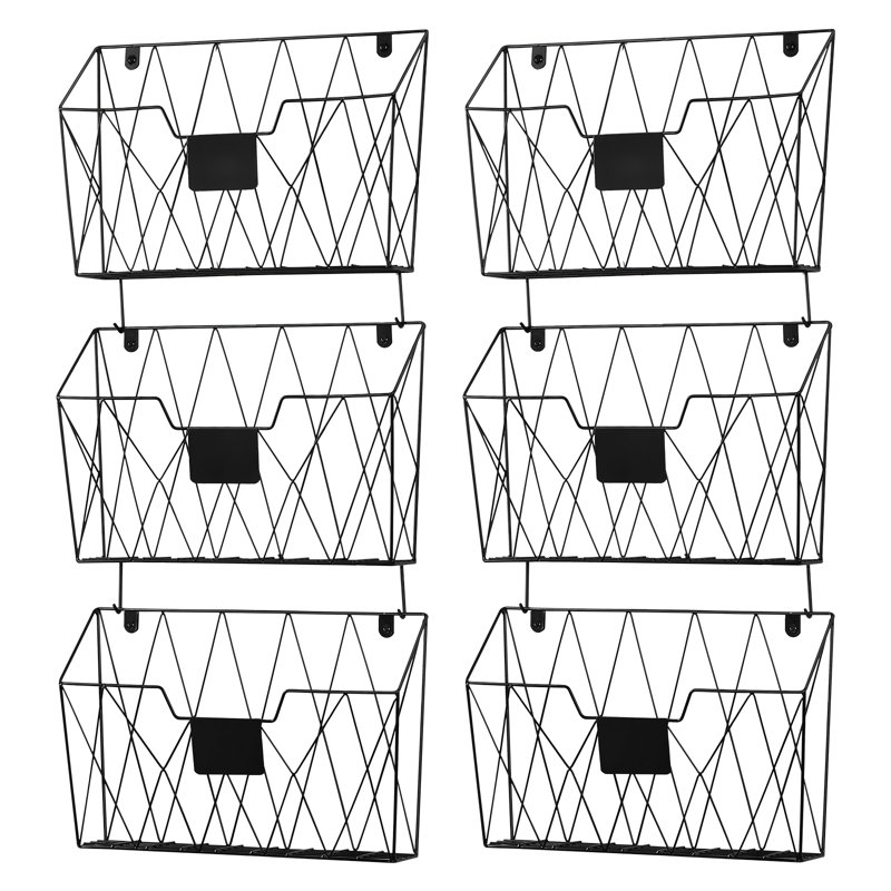Wall Mounted File Rack For Office With Hooks, Set Of 6, Black