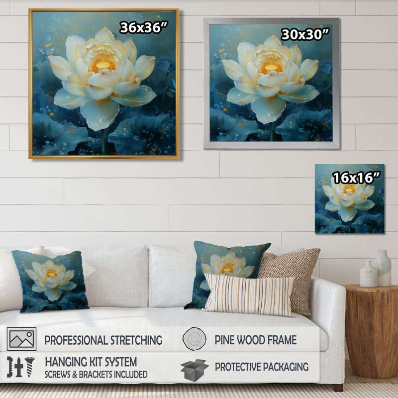 Décoration murale Lotus blanc et bleu Garden Of Dreams I, Cadre simple noir, H 16 po x l 16 po