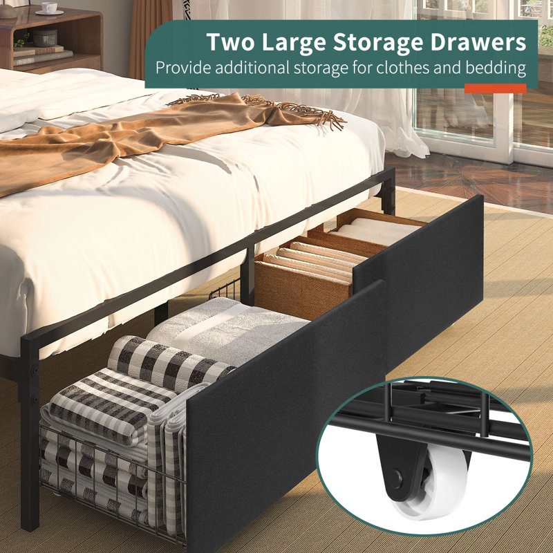 Lakeeya Bed Frame with Headboard, Metal Platform Bed Frame, Storage Bed with Charging Station, Queen