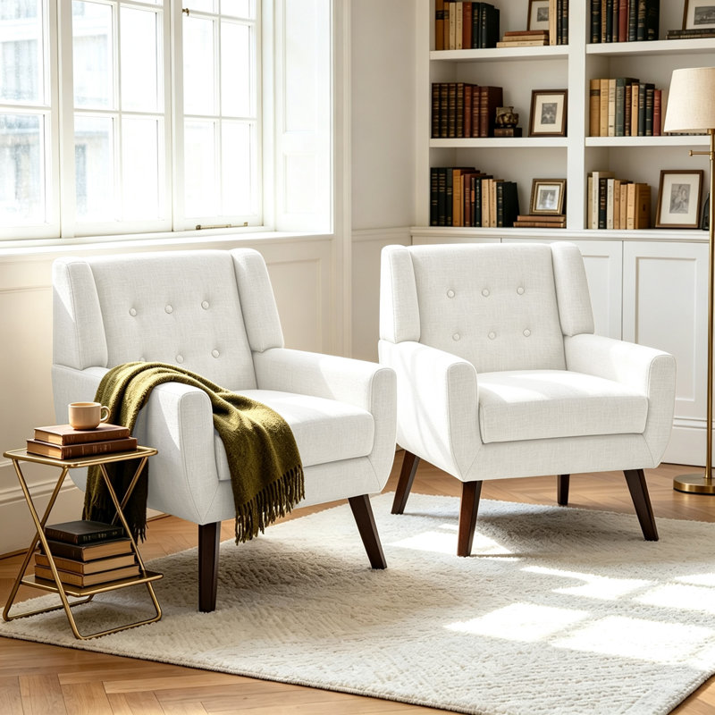 Fauteuil rembourré à large dossier en mélange de lin beige avec pieds en bois massif Davey, Mélange de lin beige
