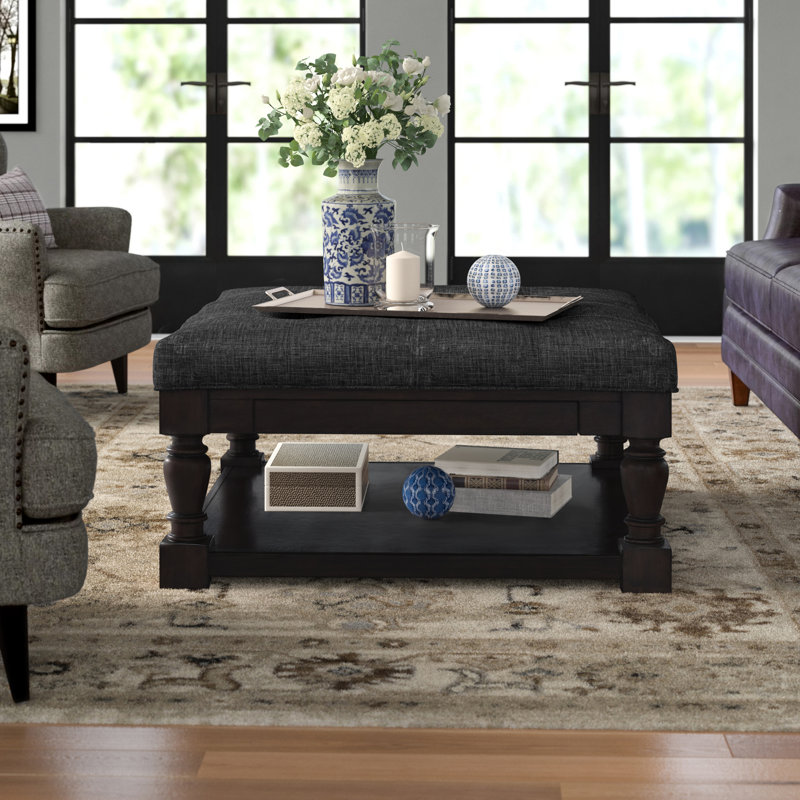 Arthuro Upholstered Ottoman, Heathered Dark Gray Linen, Natural