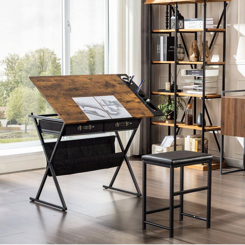 Yumisani Drawing Table with Stool Table Top Adjustable Angle with 2 Drawers Drawing Square Table, Rustic Brown