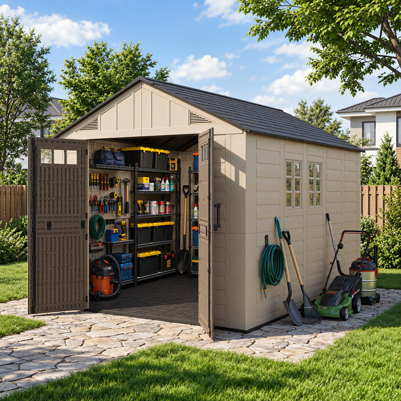 8 pi L 12 pi. P Remise de rangement en plastique avec plancher, remise en résine avec structure en acier renforcé, brun
