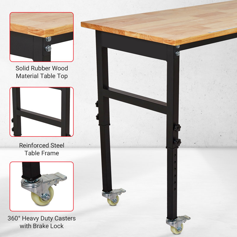 Établi réglable 48 po, table de garage mobile robuste avec plateau en bois d'hévéa, panneau perforé, roues et crochets