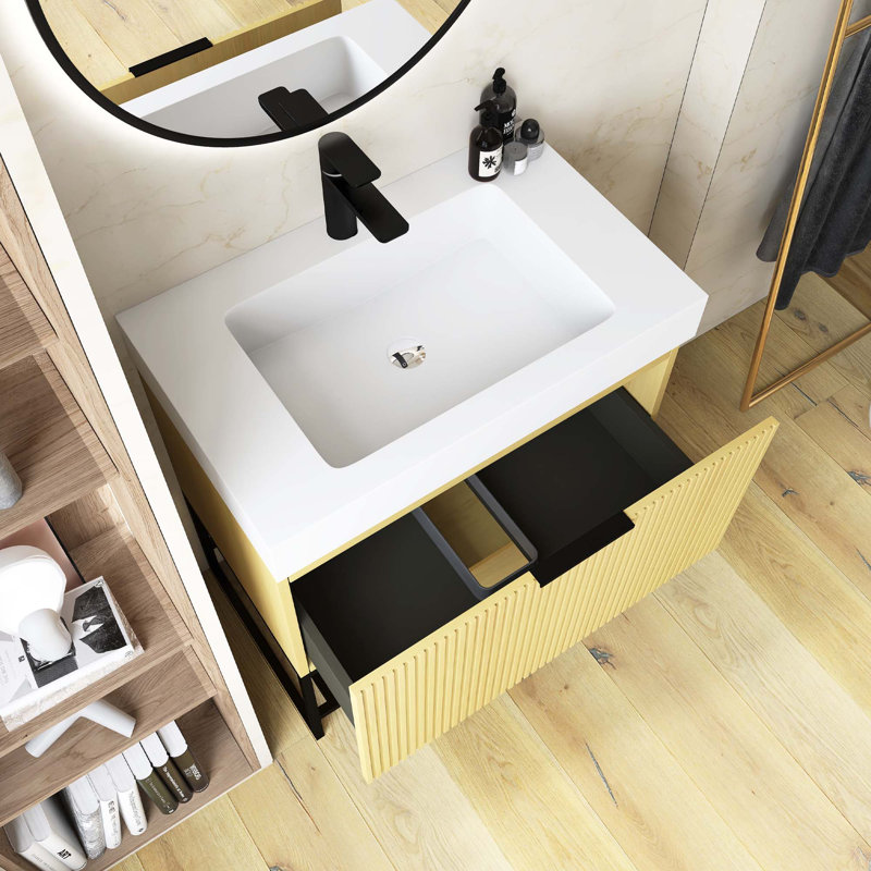 Meuble-lavabo autoportant en contreplaqué rayé pré-assemblé avec lavabo, tiroir et tablette ouverte, Doré, 30"