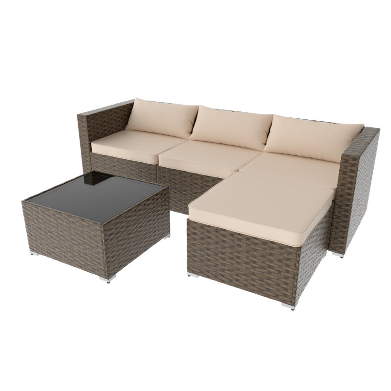 Ensemble de conversation pour 4 personnes avec repose-pieds, Brun, Beige