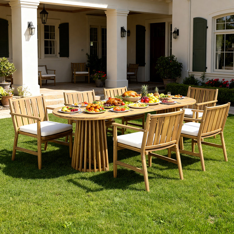 Ensemble repas d'extérieur en bois d'acacia 6 personnes avec coussins amovibles Caelis, 6