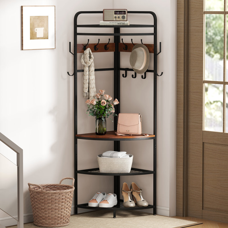 Corner Clothing Racks Freestanding Metal Coat Racks with Hooks Clothes Rack with Storage Shelves for Home Bedroom Living Room