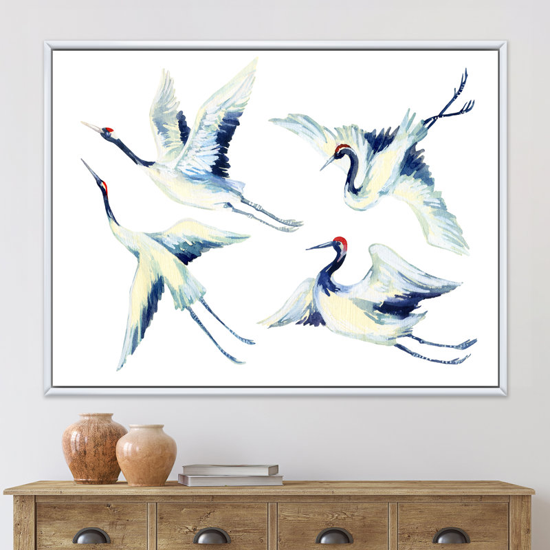 Asian Crane Bird Impression - peinture sur toile, H 16 po x l 32 po x p 1 po, Cadre blanc