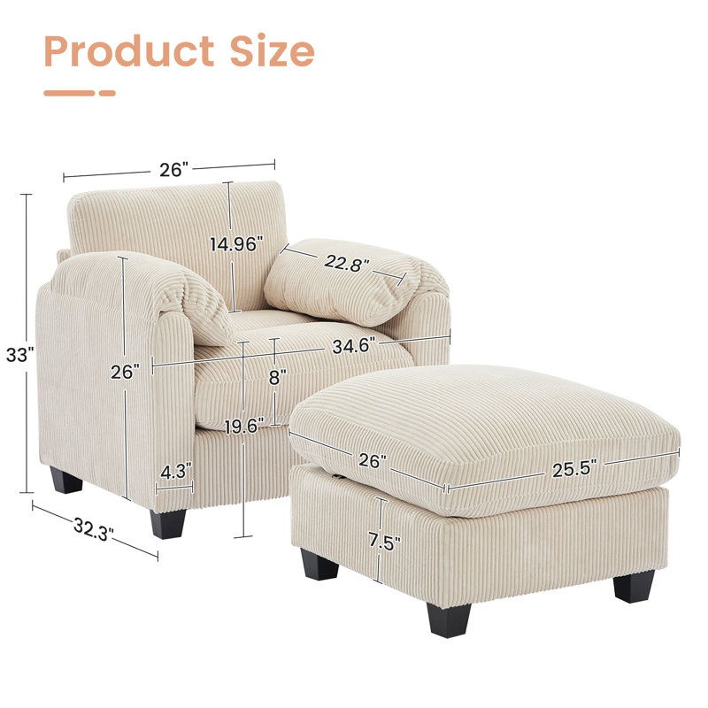 Fauteuil d'appoint 34,6 po avec repose-pieds, Velours côtelé beige