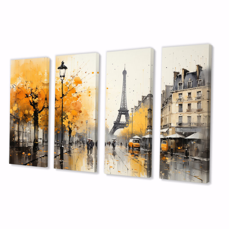 «Yellow and Gray Parisian Street Art», impression sur toile de paysages urbains - 4 panneaux