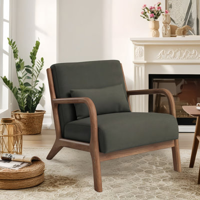 66cm Modern Solid Wood Frame Upholstered Accent Chair with Lumbar Support Pillow