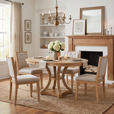 5-Piece Retro Dining Table Set, Solid Wood Dining Set with Round Extendable Table and 4 Upholstered Dining Chairs for Dining Room and Kitchen