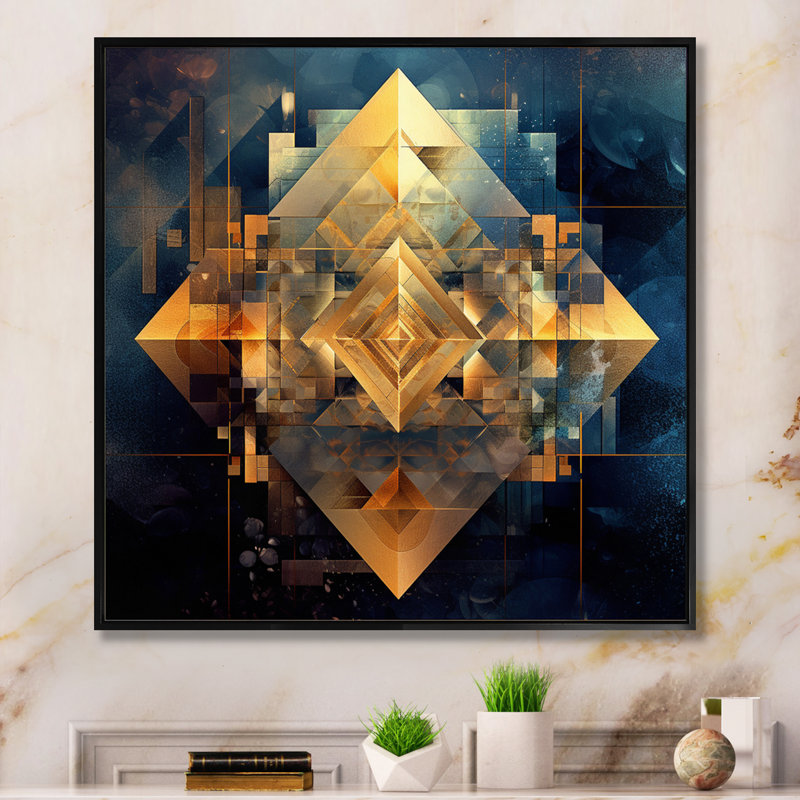 Gold Cubist Visions III - cubisme, reproduction sur toile, H 16 po x l 16 po x P 1 po, Cadre flottant noir