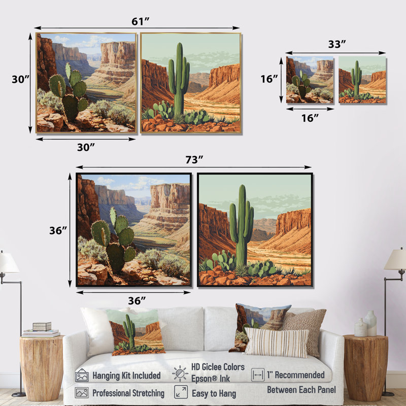 Cactus et le canyon en Arizona I - Art mural floral cactus - ensemble de 2 décorations murales traditionnelles, Argent argent