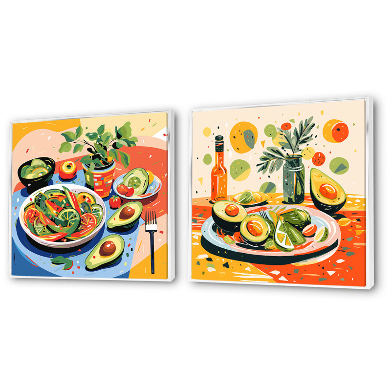 «Green and Red Avocado Impressionist I», ensemble de 2 reproductions d'art sur toile, Cadre flottant blanc