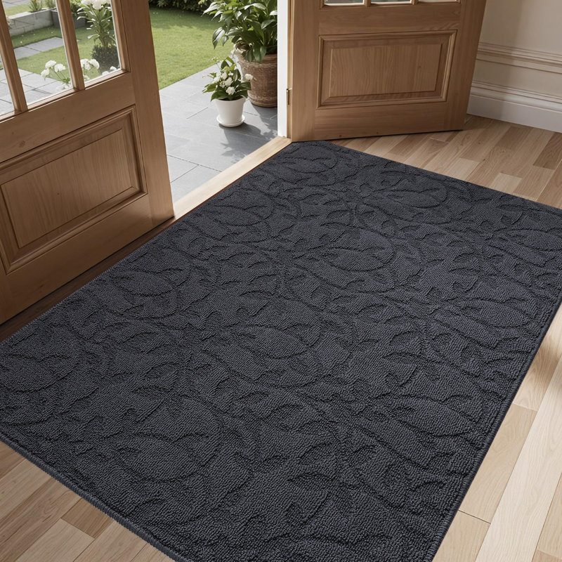 Tapis d'entrée antidérapant Floral, L 35 po x L 59 po, Gris foncé