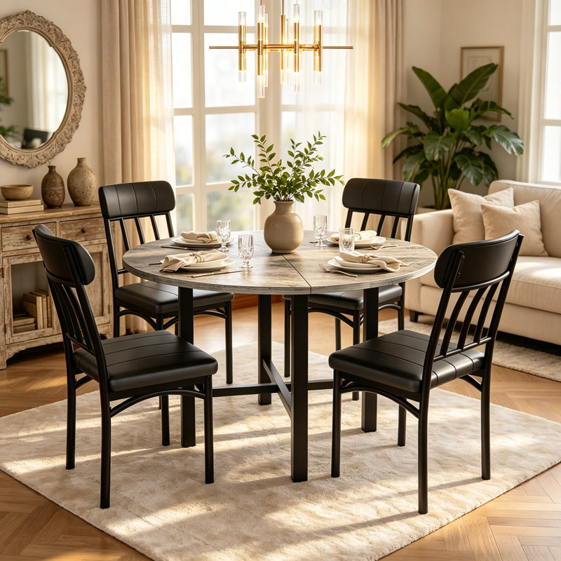 5-Piece Dining Set, Compact Mid-Century Modern Kitchen Table & Chairs Set With Round Table And 4 Upholstered Chairs, 4 Person Small Dinette Set For Home Apartment Loft