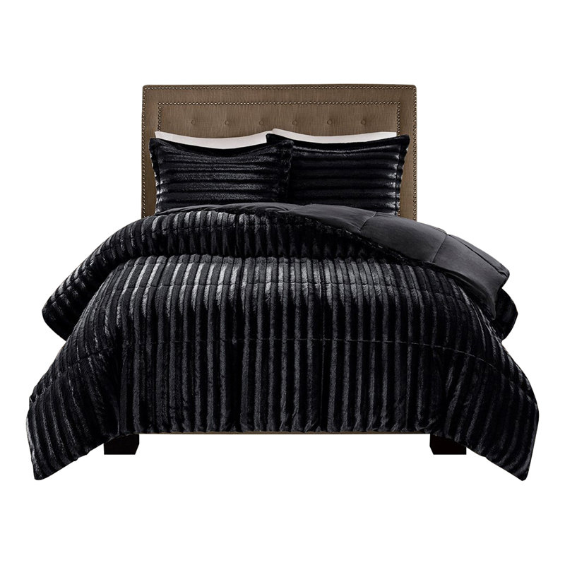 Mini ensemble d'édredon en fausse fourrure, Noir, Édredon double et 2 taies décoratives