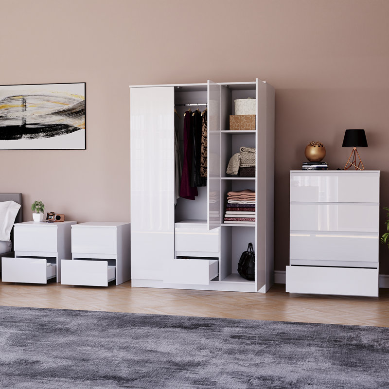 Taniesha 4 Piece Bedroom Set (2 Drawer Bedside Chest X2, 4 Drawer Chest, 3 Door 2 Drawer Wardrobe), (100% FSC), White