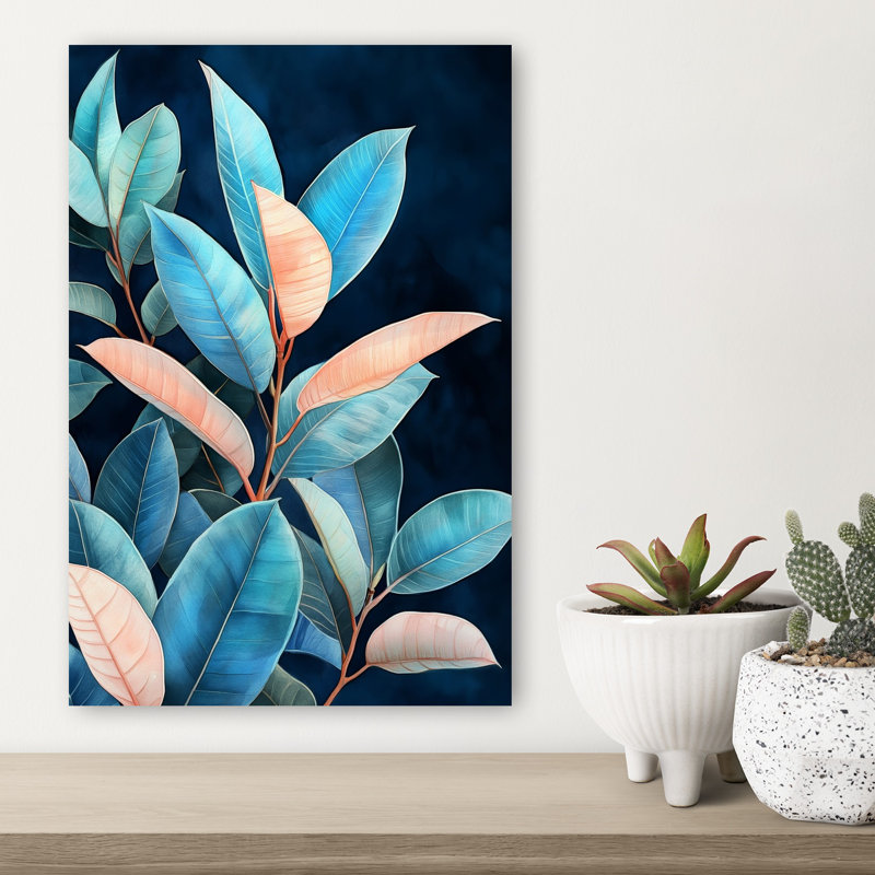 «Elegant Blue Peach Foliage», art abstrait coloré, plante naturelle, H 18 po x l 12 po
