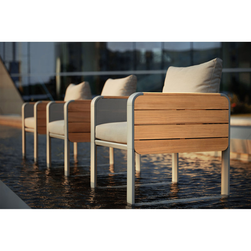 Ensemble repas d'extérieur 9 pièces avec plateau en teck Nottingham, structure en aluminium thermolaqué ambre