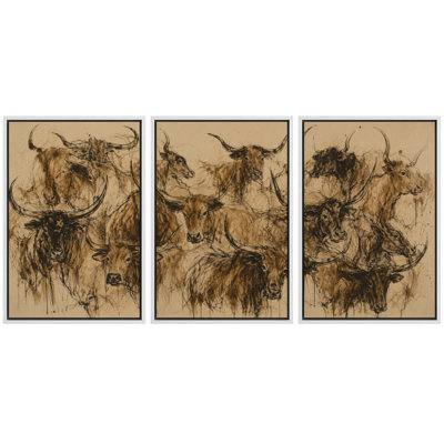 Collage de portraits rustiques de troupeau de Longhorns, tableau d'entrée, impression giclée sur toile encadrée en 3 pièces - 40,6 x 61 cm (16 x 24 pouces)