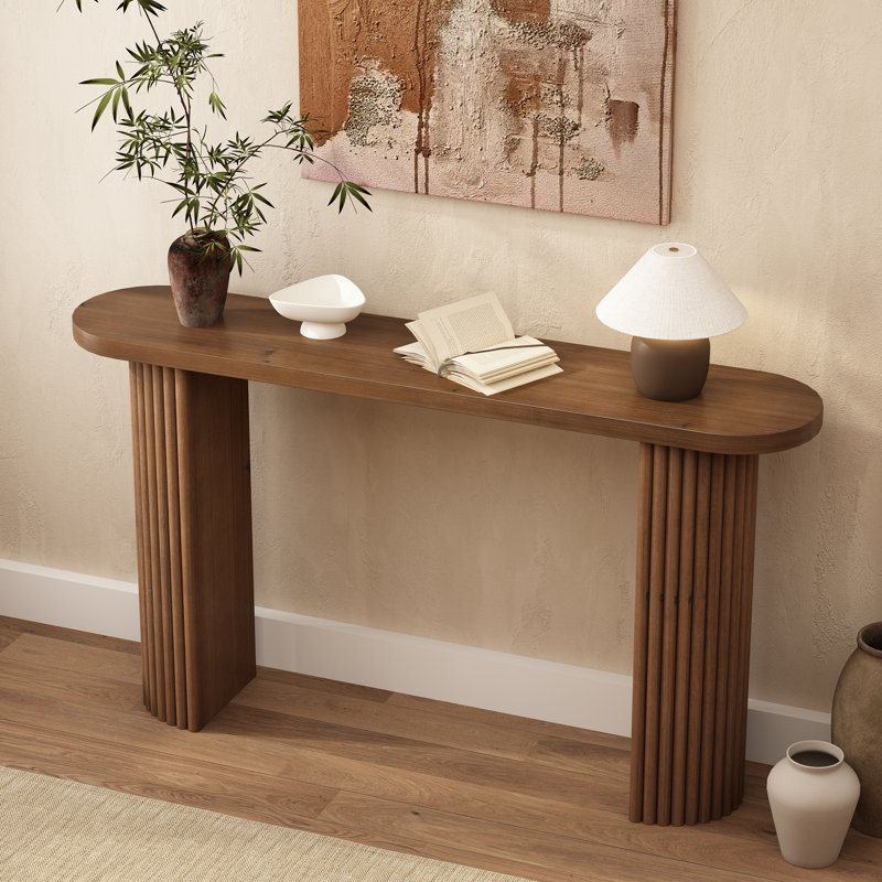 Gennari Fluted Wood Console Table with Oval Tabletop, Brown, 31" H x 55" W x 11.7" D