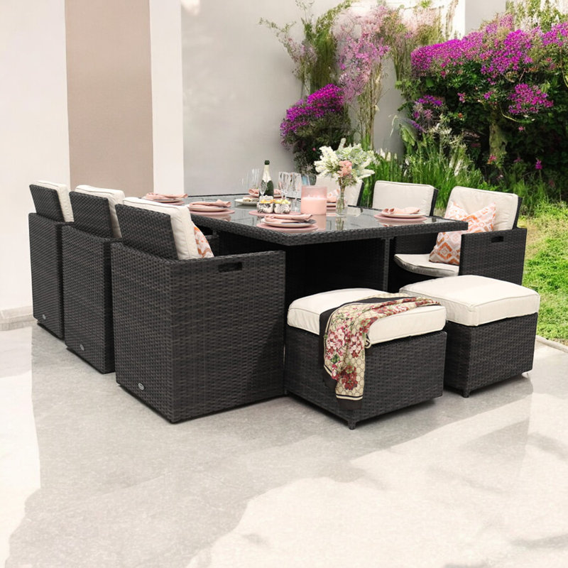 10 - Person Wicker Patio Dining Set with Rectangular Table , Cushions Included, Black