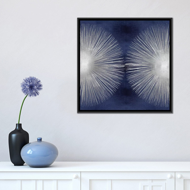 «Silver Sunburst on Blue II», impression sur toile tendue, H 18 po x l 18 po x P 1,5 po, Toile avec cadre flottant noir