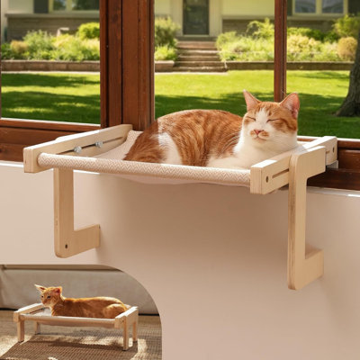 Sturdy Wood Hammock Window Bed| 3-in-1 Convertible Cat Bed for Windowsill, Bedside & Floor, Reinforced Metal Frame Hammock with Washable Linen Fabric