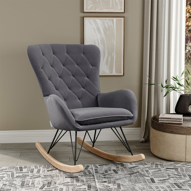 Ezio Metal and Solid Wood Rocking Chair, Dark Grey