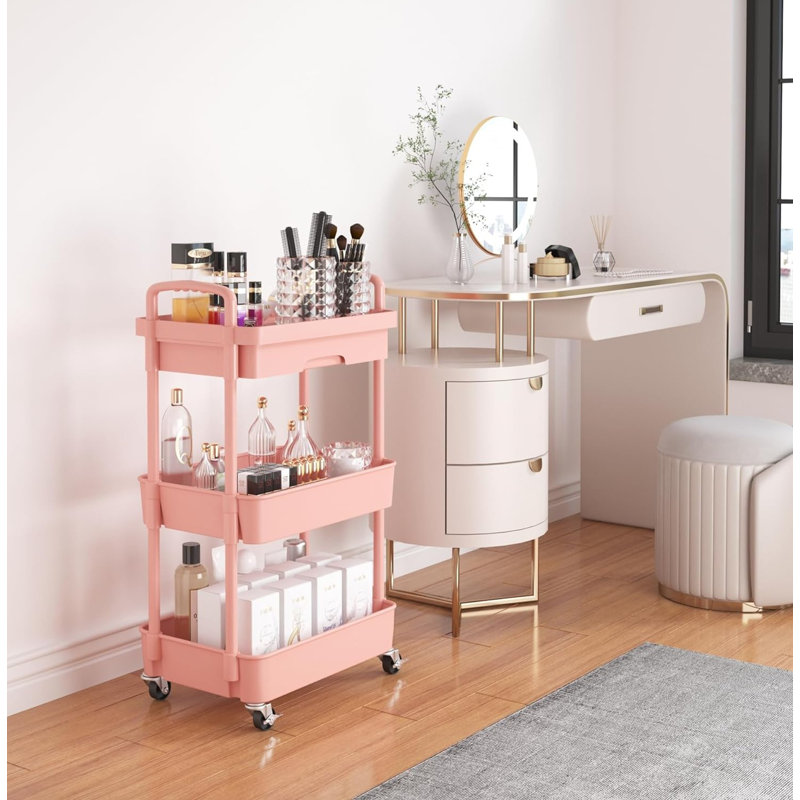 Pink Metal 3-Tier Rolling Utility Cart with Drawer