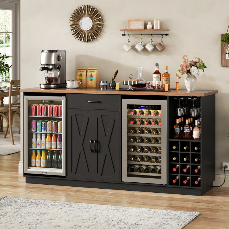 Grande armoire à café de 78,74 po avec espace réfrigérateur, mini armoire réfrigérateur avec rangement, armoire à boissons alcoolisées avec support à vin, prises de courant pour le salon et la cuisine, noir 614589E4B2CD469B81683F76FBD98708