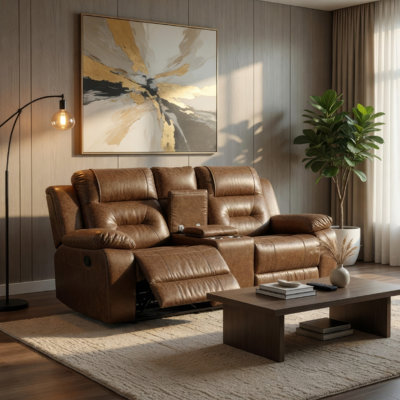 Kius Manual Recliner Loveseat, Brown Faux Leather, 70 Inch W Cupholders