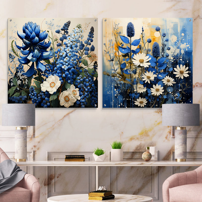 Blue Bonnets - Fleurs blanches - Ensemble de 2 reproductions en acrylique sur verre Blue Bonnets, H 36 po x l 73 po