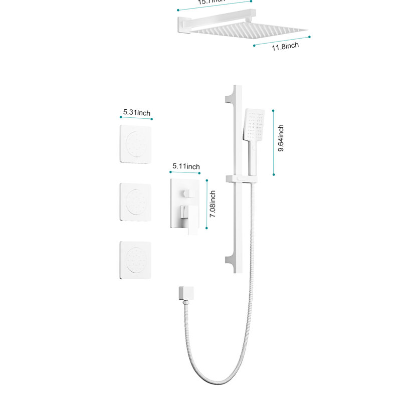Brass Shower System For Bathroom, Mounted On Wall, Head, Hand Shower, Slide Bar High-Performance With Option - Rain Bodysprays, Brass, White