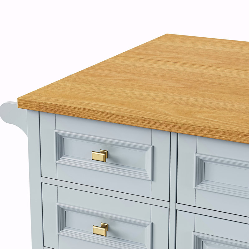 52'' Kitchen Island With Drop Leaf, Embossed Texture Kitchen Island On Wheels With Spice Rack, Towel Rack, 2 Doors And 5 Drawers, Kitchen Storage Cart With Adjustable Shelf For Kitchen