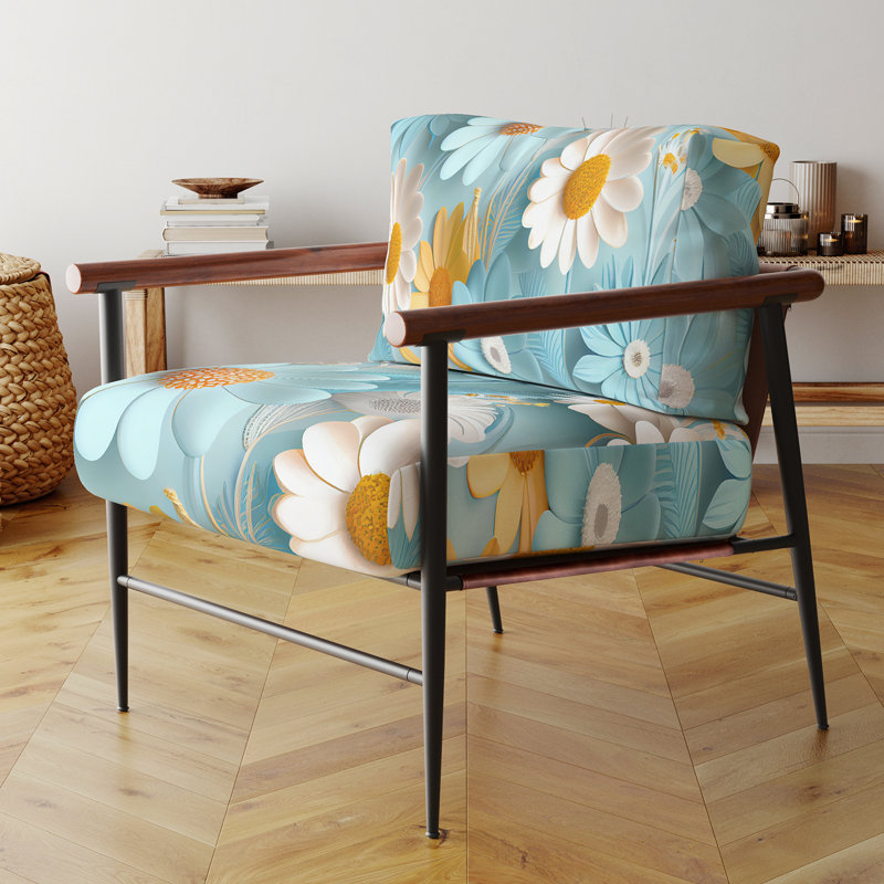 «Blossoming Pastel Wildflowers On Light Blue III» - Chaise rembourrée de style campagne avec accoudoirs rustiques
