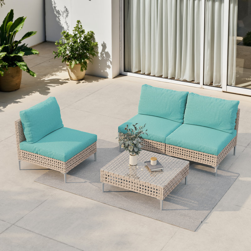 Ensemble de conversation avec coussins 4 pièces Wicker, Bois gris, Vert menthe