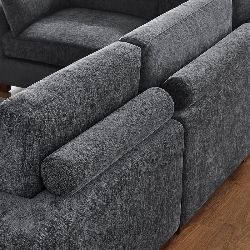 Chayten 4-Piece Upholstered Sectional Couch With 2 USB Ports, 2 Portable Ottomans, Gray Polyester