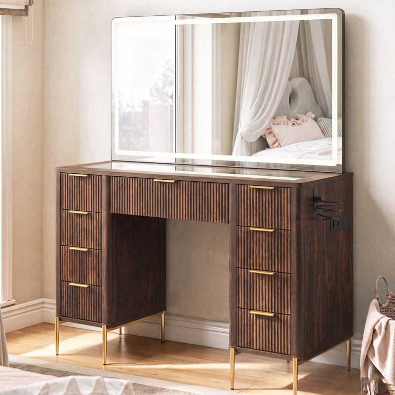 48" Modern Makeup Vanity Desk With Mirror And Lights, Makeup Vanity With 9 Drawers With Power Outlet,Adjustable Lighting Dressing Table For Bedroom
