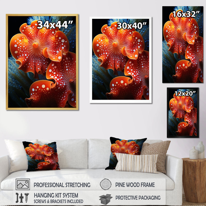 Anémone colorée rouge, récif I - plage et océan, art mural sur toile, Cadre flottant doré, H 40 po x l 30 po x P 1,5 po
