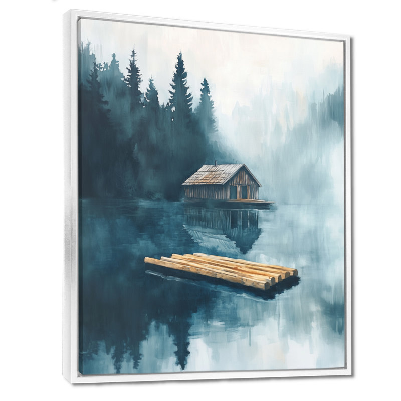 Art mural, lac rustique, toile de chalet rustique, H 32 po x l 16 po, Cadre flottant blanc
