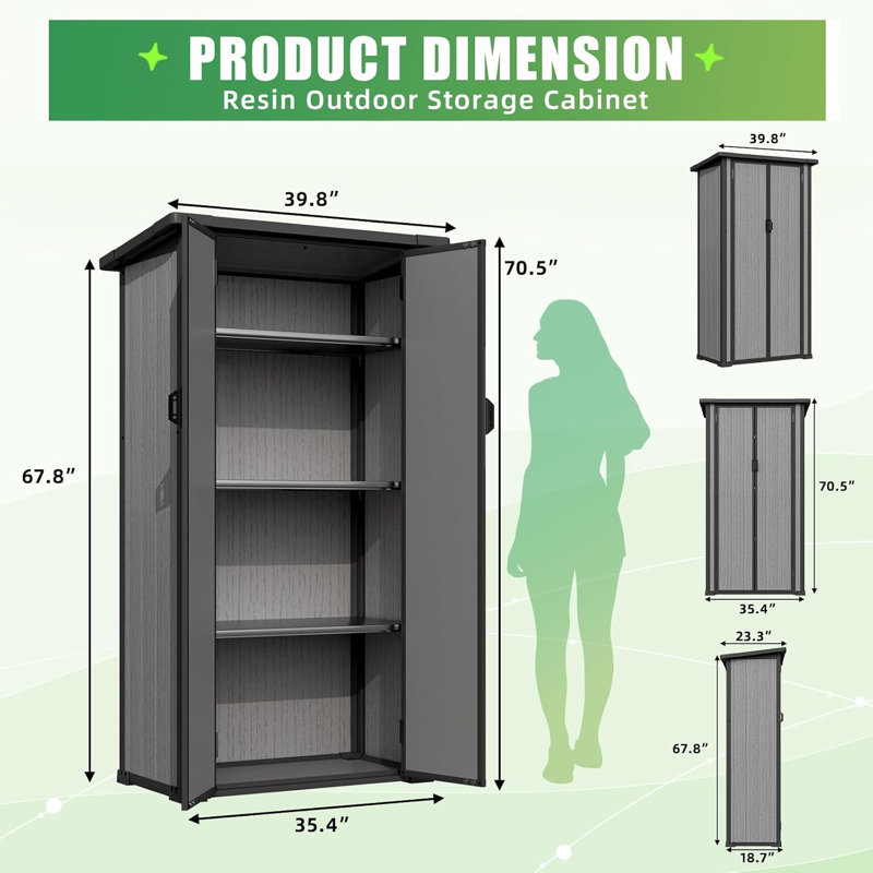 Armoire de rangement extérieure verticale en résine 70 po H avec tablettes réglables, armoire de rangement verrouillable et imperméable pour outils de jardin