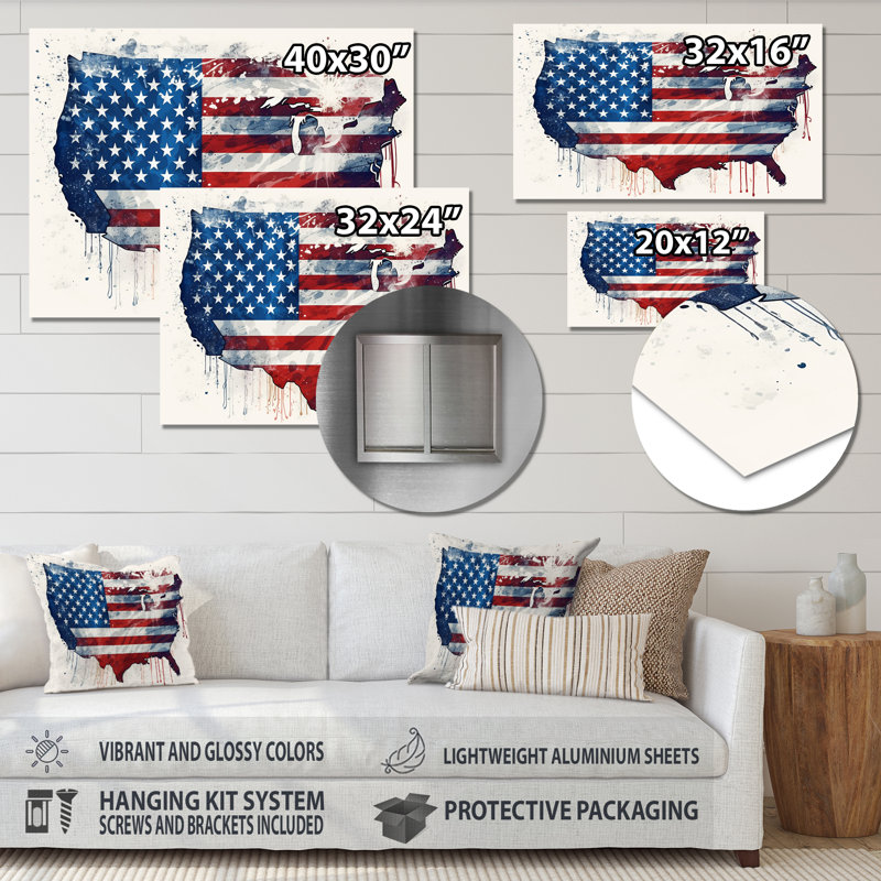 Aquarelle, drapeau américain IV - drapeau États-Unis, art mural en métal, H 12 po x l 20 po x P 1 po