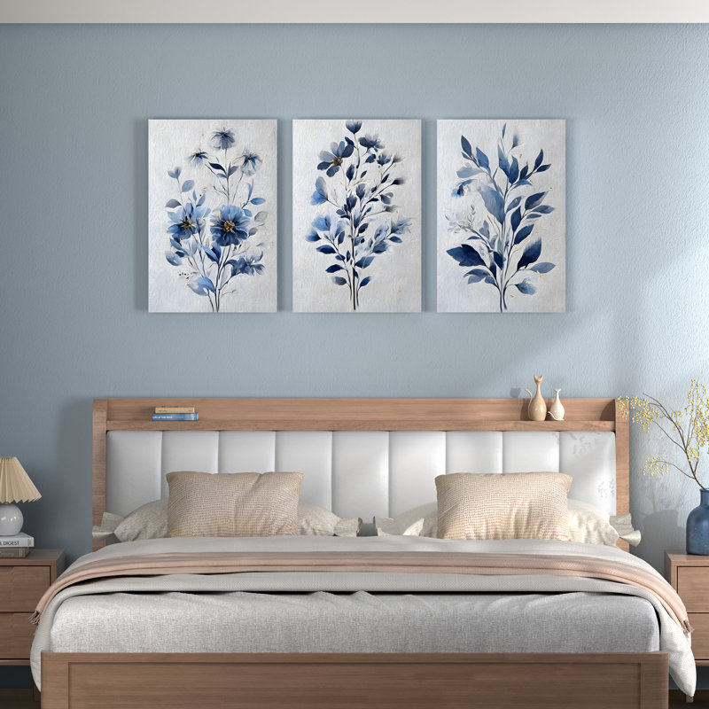 «Blue Floral Botanical», reproduction d'art sur toile tendue sur toile (ensemble de 3), H 30 po x l 60 po