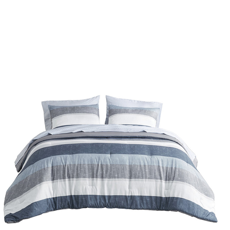 Édredon simple à rayures avec draps bleus / gris. Tissu. Rembourrage. Édredon, 2 taies décoratives, 1 drap plat, taies d'oreiller ajustées. Convient à un matelas de 14 po ou moins. Lavable. Conception de drap. Microfibre. Bourre, machine