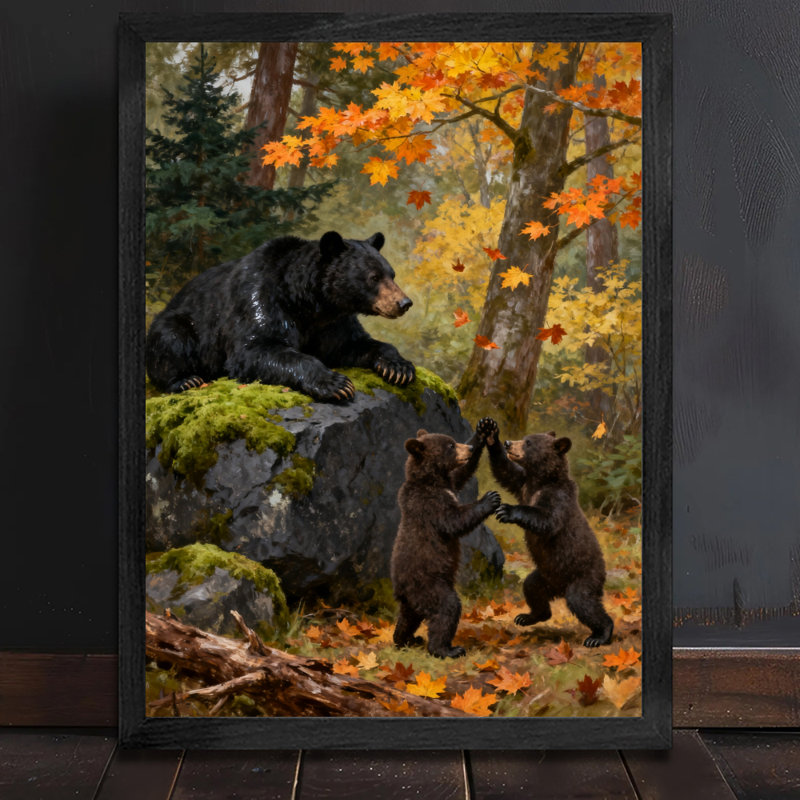 Reproduction d'art encadrée noire rétro The Black Bear Family, H 37 po x l 25 po