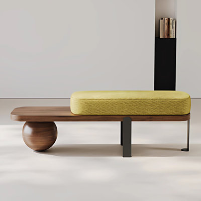 Yellow Solid Wood Upholstered Bench
